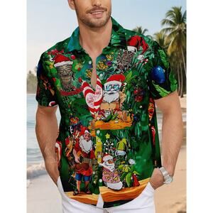 HAWALILI Button Shirts Christmas Santa Claus Kalikimaka Jungle Green Size 3XL